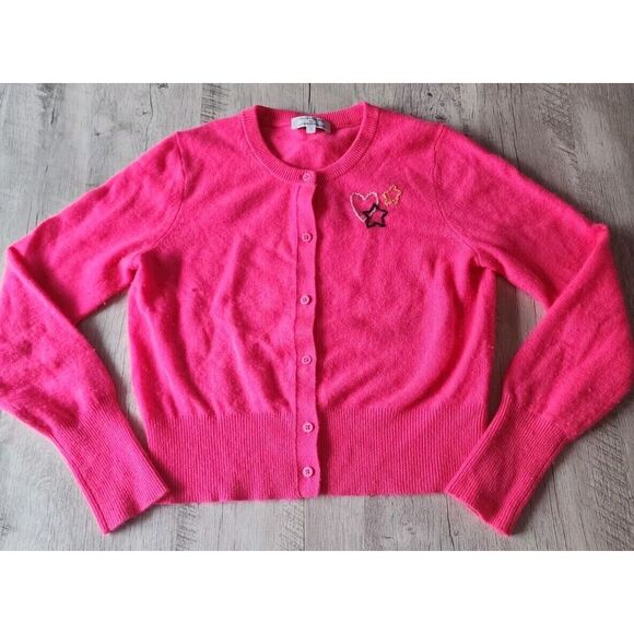 ANTHROPOLOGIE WHITE + WARREN EMBROIDED CASHMERE CARDIGAN WOMENS SMALL PINK STARS - Picture 1 of 6
